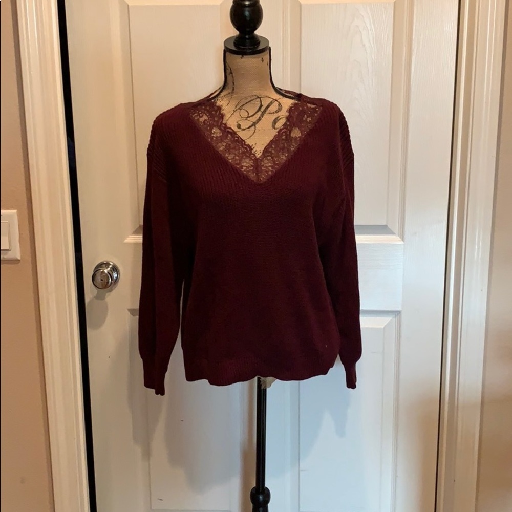 Burgundy sweater with lace neckline